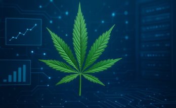 A cannabis leaf in front of a digital network background