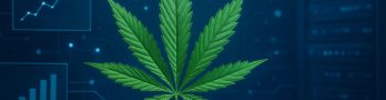 A cannabis leaf in front of a digital network background