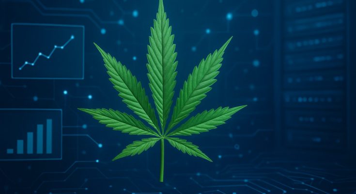 A cannabis leaf in front of a digital network background