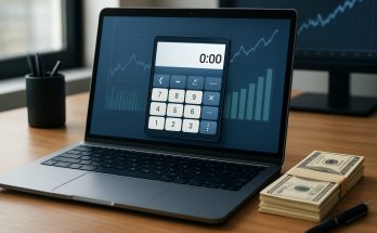 laptop displaying a calculator and financial graphs with bundles of cash nearby