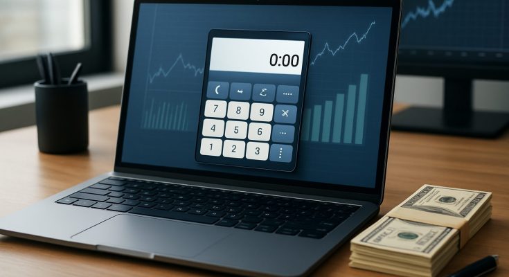 laptop displaying a calculator and financial graphs with bundles of cash nearby
