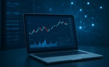 Close-up view of a laptop displaying financial market graphs and data in a dark-themed interface.