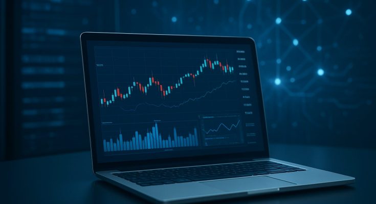 Close-up view of a laptop displaying financial market graphs and data in a dark-themed interface.