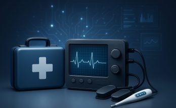 A first aid kit alongside a medical monitor and electronic thermometer, symbolizing future emergency medical technology.