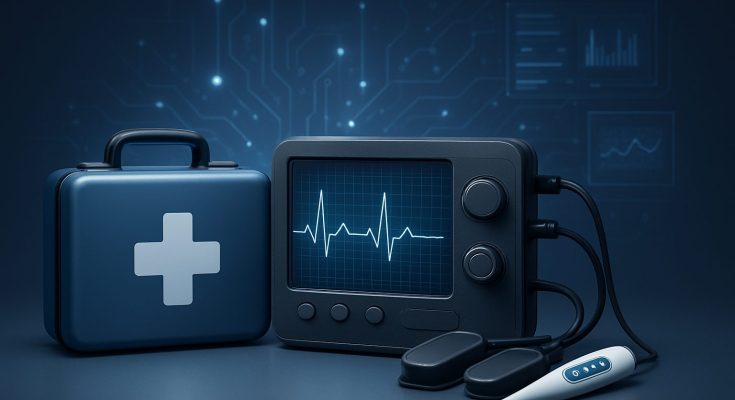 A first aid kit alongside a medical monitor and electronic thermometer, symbolizing future emergency medical technology.